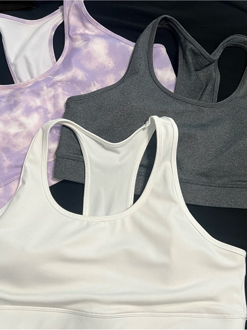 GapFit Racerback Sports Bras in White, Charcoal & Lavender Tie-Dye